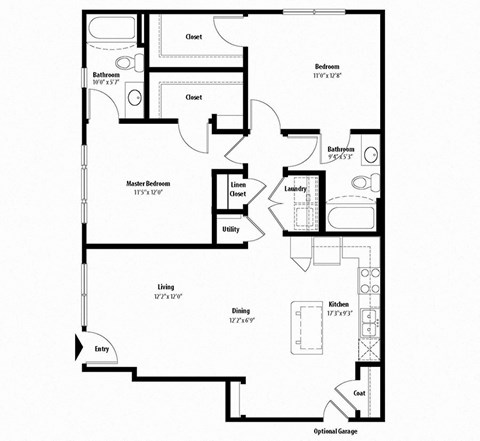 Floor plan for 2 beds, 2 baths, 1062 sqft